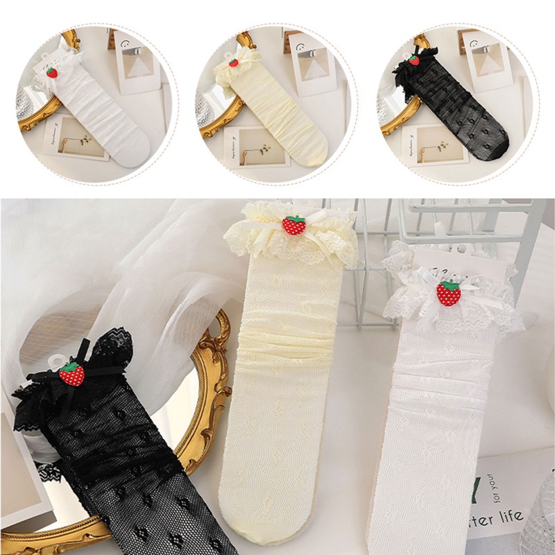 XIXI Tất Dài Phối Ren Họa Tiết Dâu Tây Phong Cách Lolita Cho Trẻ Em Gái