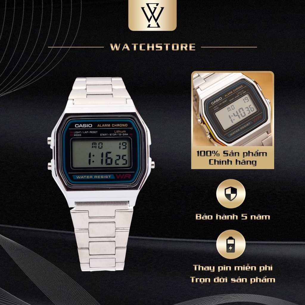 Đồng Hồ Điện Tử Unisex Casio WATCHSTORE A158WA-1DF Thiết Kế Mặt Kính Chữ Nhật Nhựa 36mm, Dây Đeo Kim Loại