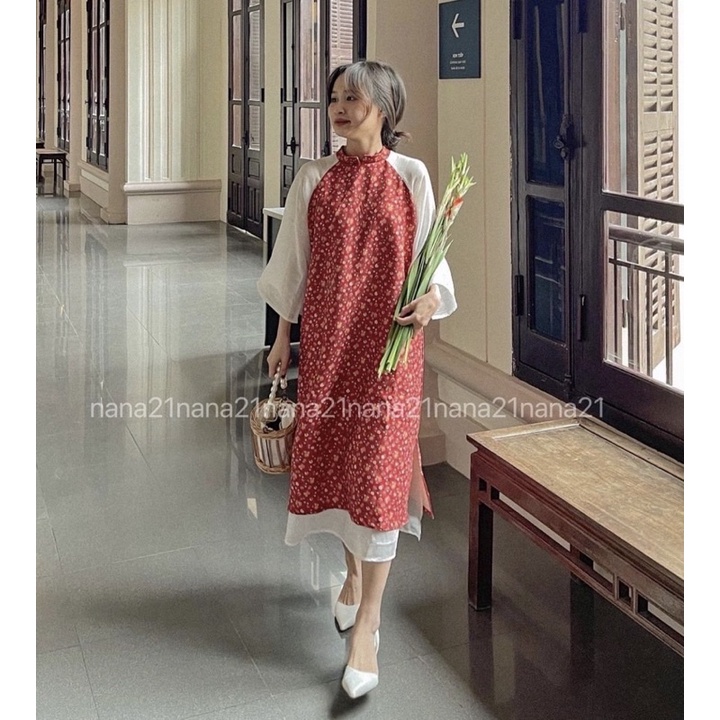 Đầm áo dài hoa cách điệu