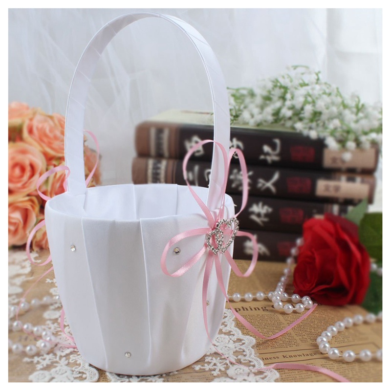 Đôi trái tim đám cưới Hoa cô gái Giỏ Satin trắng Trang trí nội thất Lễ cưới Ủng hộ tiệc