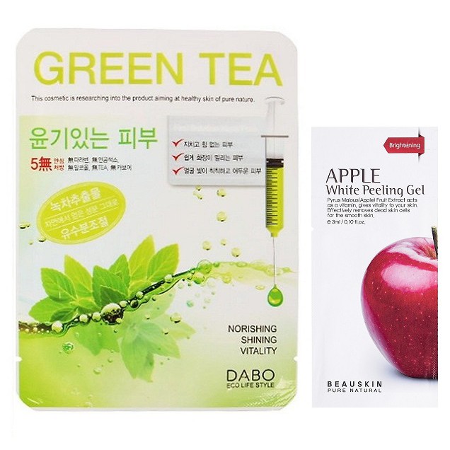 Combo 1 đắp mặt nạ trà xanh sạch mụn Dabo Green Tea Hàn quốc 23ml/gói Và 1 gói tẩy da chết Apple Beauskin 3ml/gói