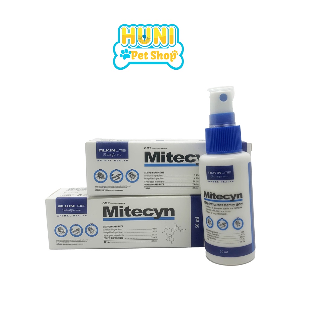 Mitecyn chai xịt ghẻ ngoài da cho chó mèo - chai Mytecin xịt viêm da cho thú cưng 50ml Huni Petshop