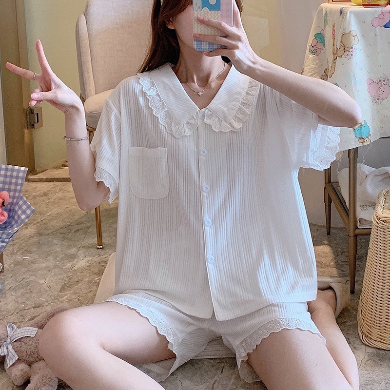 Bộ ngủ pijama mặc nhà nữ cao cấp chất liệu cotton cổ bèo tiểu thư phong cách Hàn Quốc SEN001