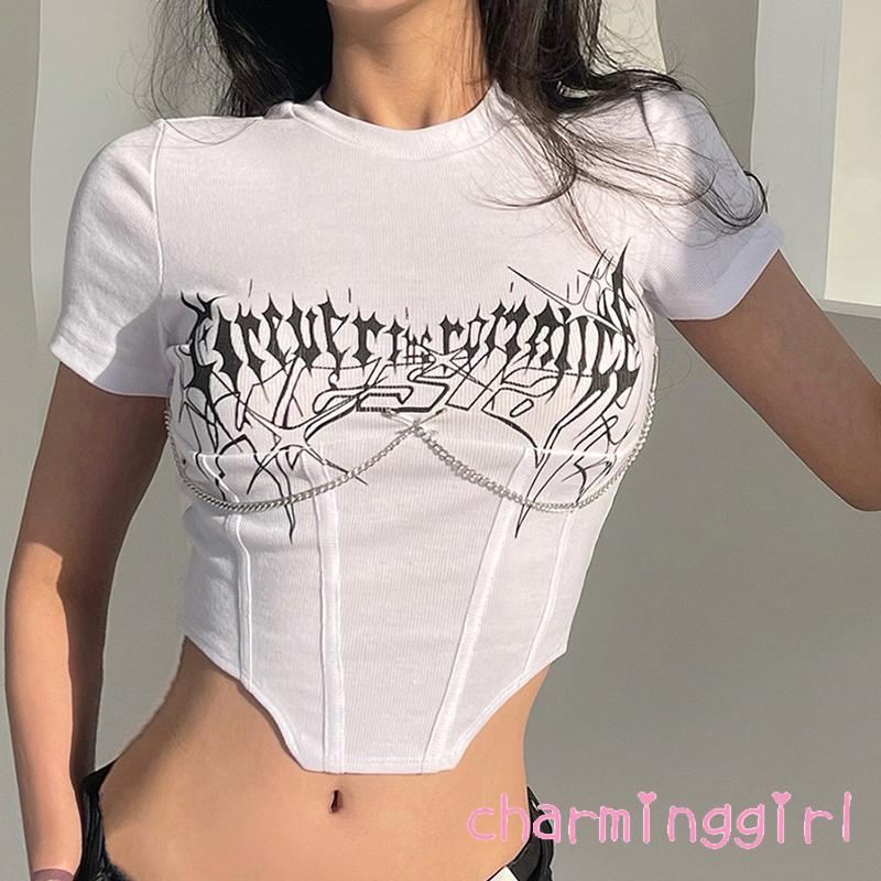 Áo Thun Crop Top Tay Ngắn Cổ Tròn Ôm Dáng In Chữ Cho Nữ