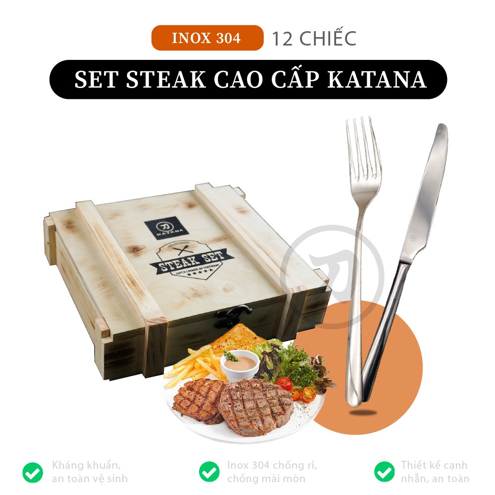 Set 12 chiếc dao dĩa KATANA Steak Hộp gỗ cao cấp - KATASTK01