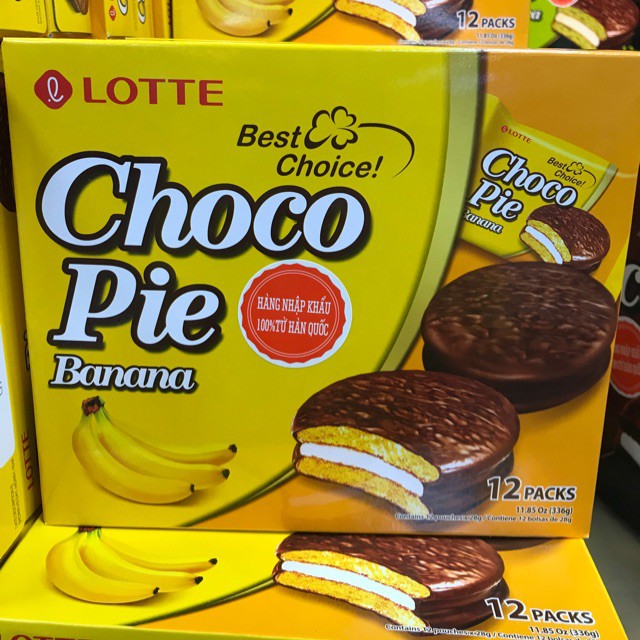 Bánh Lotte Chocopie Cacao/ Chuối / Trà Xanh Hộp 12 Cái (336G)- choco pie nhân marshmallow quà bánh tết rẻ