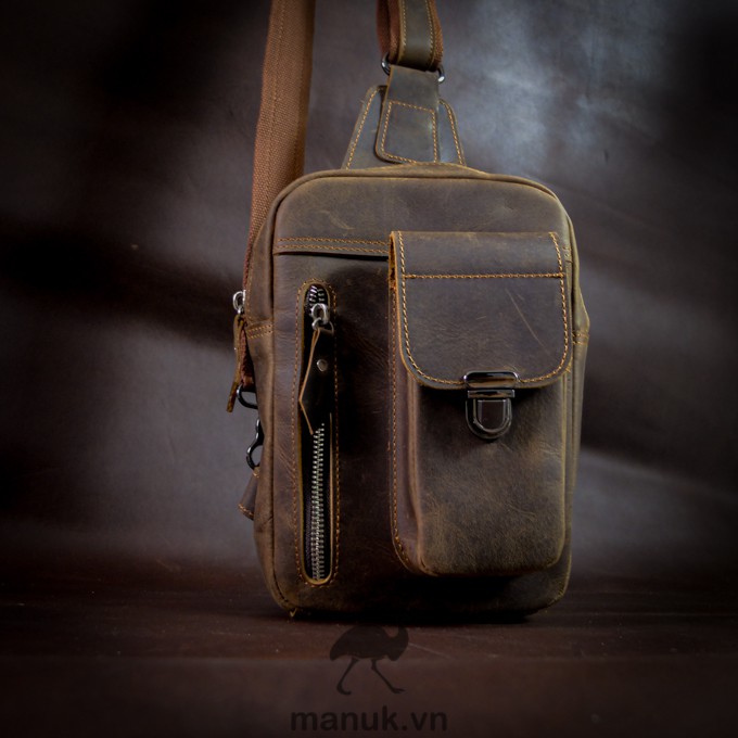 Túi chéo da bò thật, da bò sáp nâu rêu nhập khẩu cao cấp Pocket sling bag - Manuk vn Leather Design