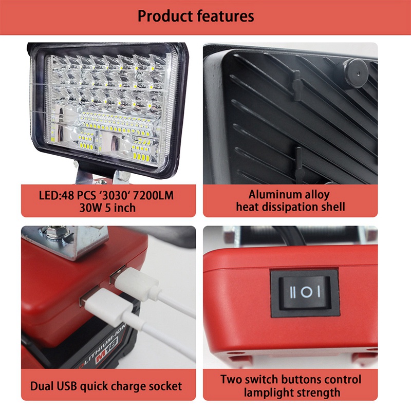 Đèn Pin Hai Cổng USB Chuyên Dụng Cho Milwaukee M18 14.4V 18V Li-Ion