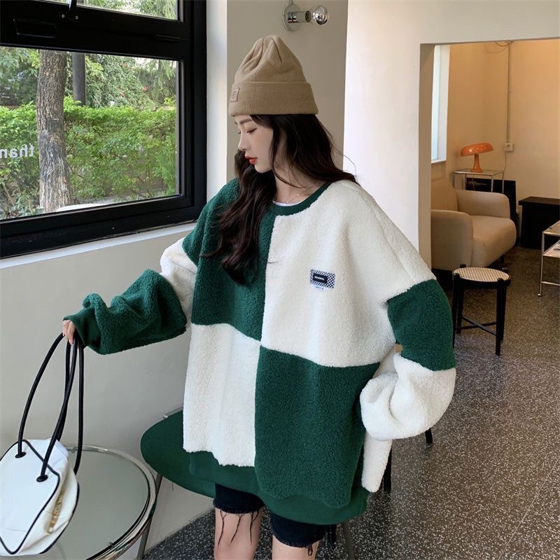 Áo Len Nữ Lông Form Rộng To Mùa Thu Đông Phong Cách Hàn Quốc 2023 Thiết Kế Mới Màu Tương Phản Kẻ Vuông Dày