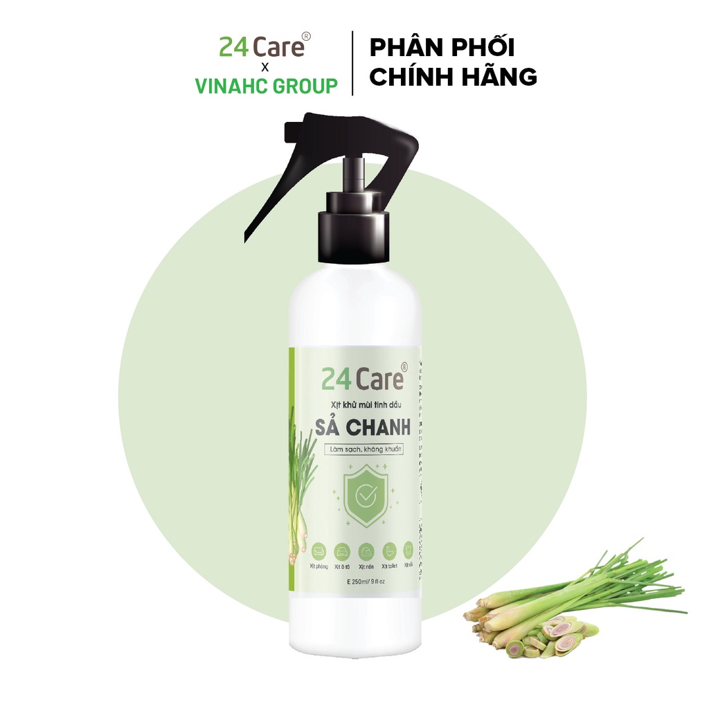 Xịt phòng tinh dầu Sả Chanh 24Care 250ml - Khử mùi thơm phòng, sát khuẩn, đuổi muỗi xua đuổi côn trùng