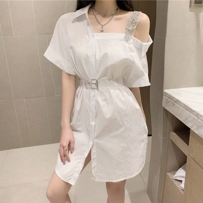 (HÀNG CÓ SẴN )Đầm sơ mi vai đá kèm belt trong suốt | BigBuy360 - bigbuy360.vn