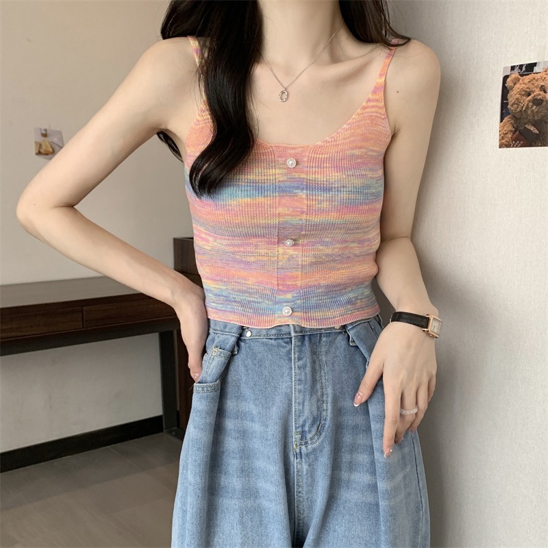 【HangFei】Áo Dệt Kim Sát Nách Kẻ Sọc Cầu Vồng Lưng Cao Quyến Rũ Cho Nữ