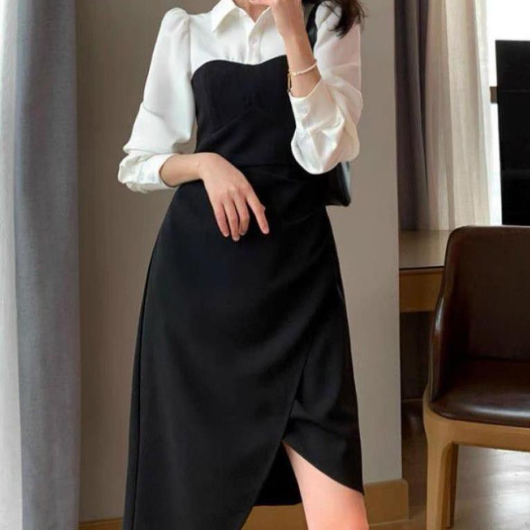Đầm Sơ Mi Tay Dài Phối Váy Ôm Body Xếp Ly Đắp Tà Một Bên Cách Điệu Duyên Dáng