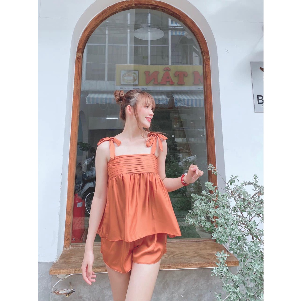 Đồ ngủ 2 dây- bộ ngủ đùi mặc nhà, dây áo cột nơ, quần có túi, xếp ly ngực dây cột rẻ đẹp [DN45]
