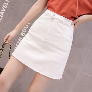 Chân váy jean nữ cạp cao thời trang, chân váy jean KABICO dáng chữ A tua gấu_T11
