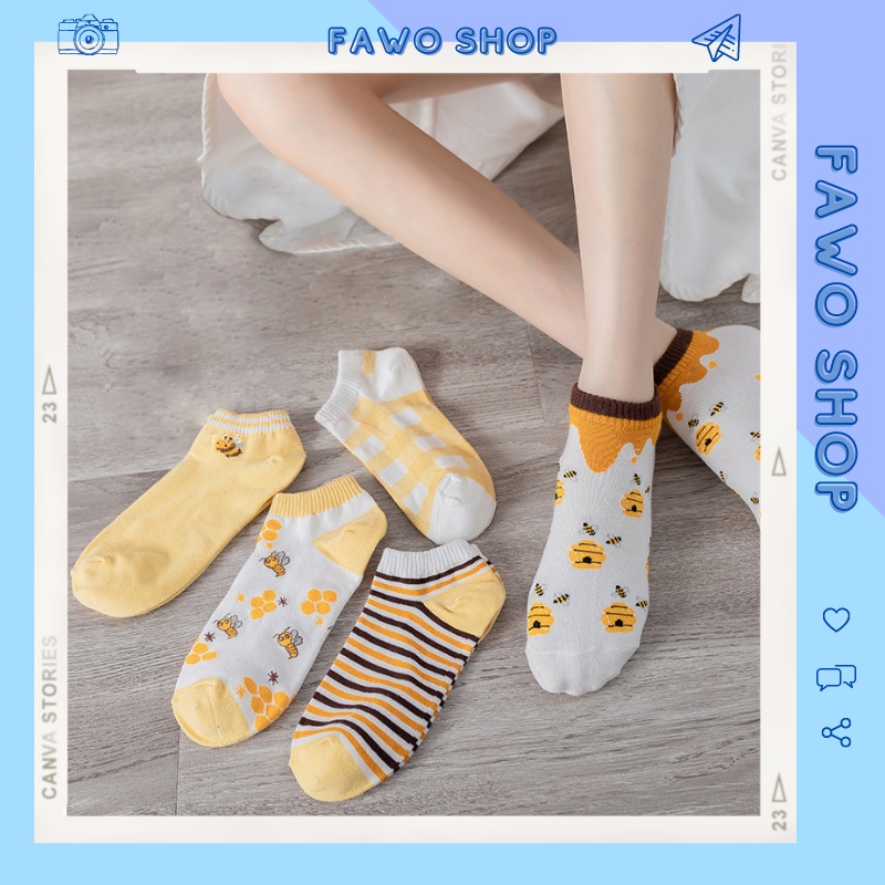 Tất Nữ Cổ Ngắn Phong Cách Hàn Quốc Họa Tiết Dễ Thương, Cute, Đáng Yêu Dễ Phối Đồ Họa Tiết Ong