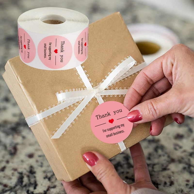 Cuộn 500 Miếng Dán Trang Trí Sổ Tay Hình Tròn / Trái Tim Màu Hồng In Chữ Thank You Dễ Thương
