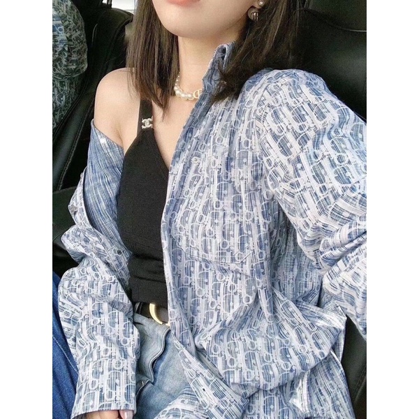 Áo sơ mi jacquard dài tay hoạ tiết logo thương hiệu Dior CD cao cấp