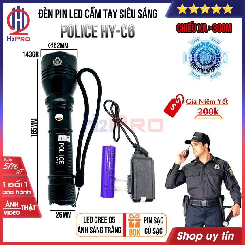 Đèn pin LED siêu sáng mini cầm tay Police HY-C6 H2Pro cao cấp-pin sạc 2300mah-chiếu xa 300m, chống nước-3 chế độ sáng