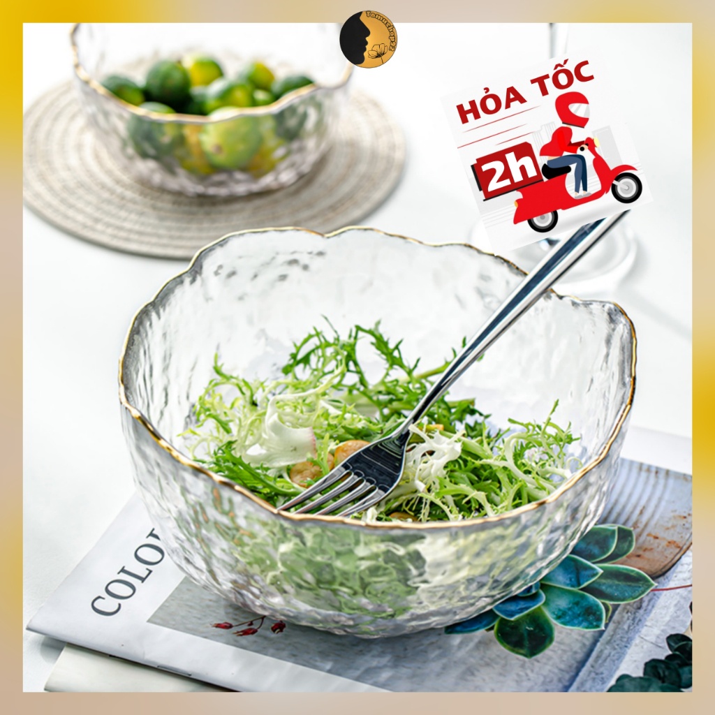 Tô Thủy Tinh TAMUSHOP92 Bát Thủy Tinh Cao Cấp To Đựng Chè Salad Viền Vàng BT001