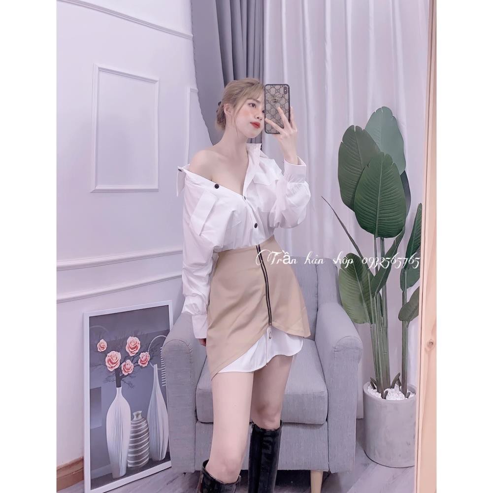 Set váy sơ mi mix kèm chân váy khóa kéo trước💥MS:4011280