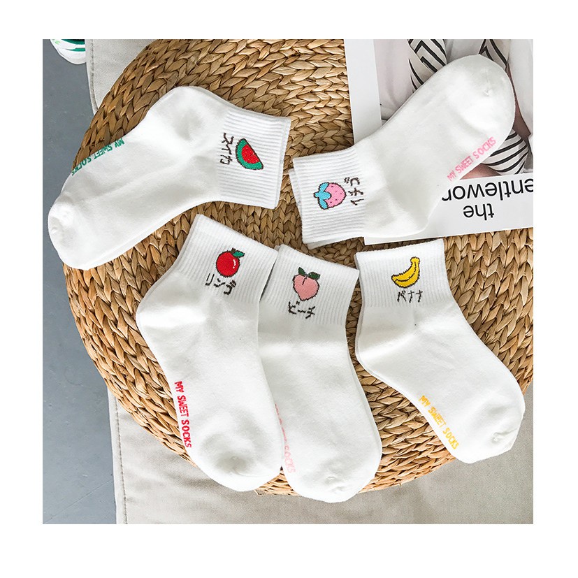 Vớ thể thao cổ cao màu trơn in họa tiết trái cây phong cách Hàn Quốc