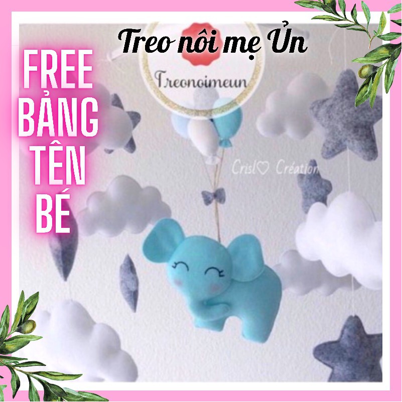 Đồ chơi treo nôi treo cũi kính thích thị giác có nhạc tự xoay handmade cho bé sơ sinh mẫu Voi xanh và bóng bay bé trai