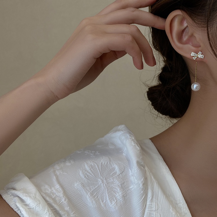 Bông Tai Hình Nơ Đính Ngọc Trai Lấp Lánh Phong Cách Hàn Quốc