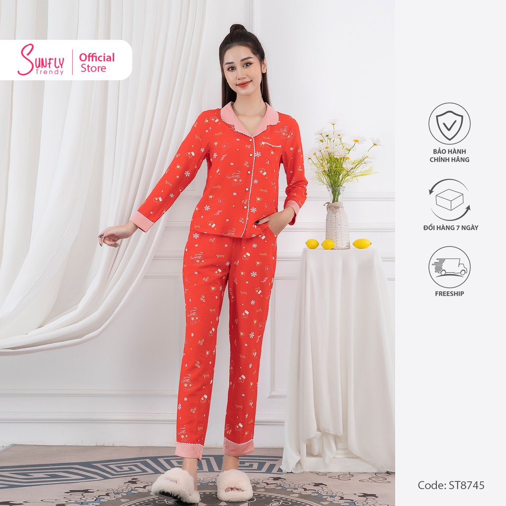 Bộ đồ mặc nhà nữ pijamas linen SUNFLY áo dài quần dài ST8748