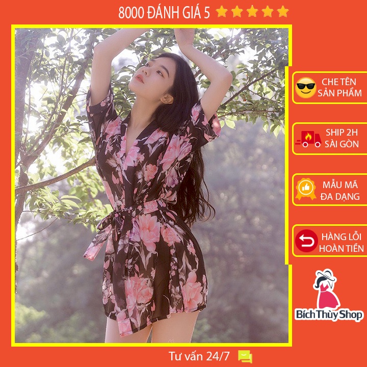 Áo choàng ngủ xuyên thấu sexy kiểu kimono in hoa sang trọng BT42218