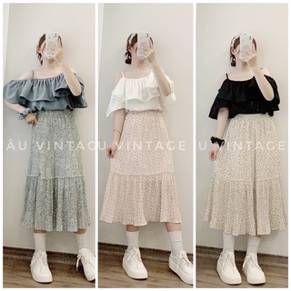 áo kiểu nữ bèo cổ dây trễ vai, chân váy voan hoa nhí đuôi cá (ảnh thật shop chụp 100%)