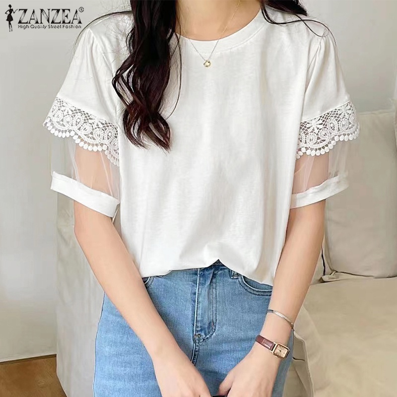 Áo kiểu ZANZEA tay phồng phối ren màu trơn thời trang đường phố cho nữ