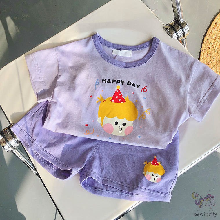 Set Áo Thun Tay Ngắn In Họa Tiết Hoạt Hình + Quần Short Năng Động Thời Trang Phong Cách Hàn Quốc Cho Bé