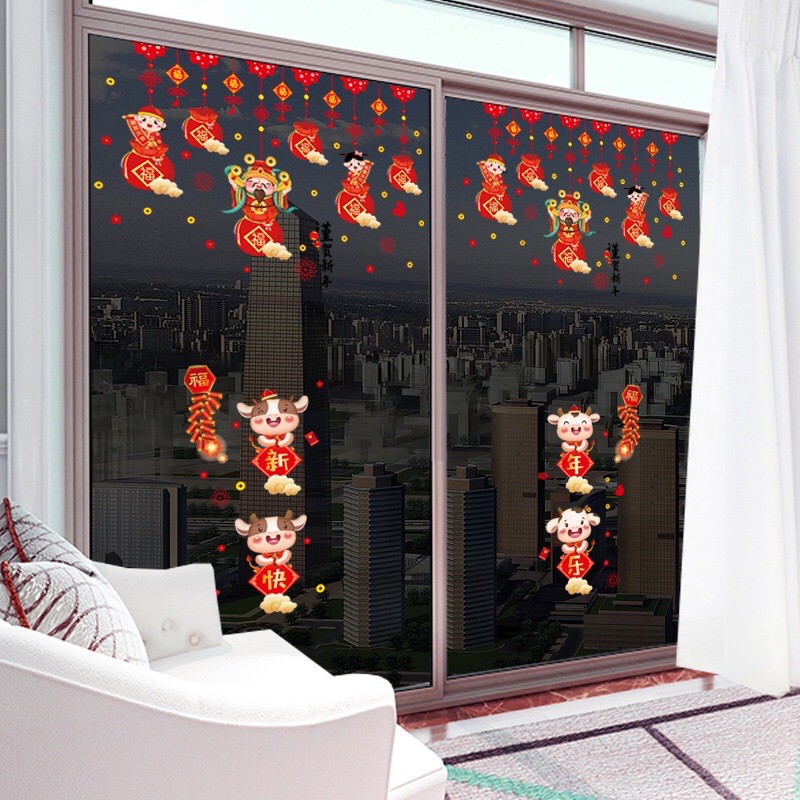 Decal Tết DÁN CỬA LỚN - Rèm túi tiền phối 4 trâu sữa bảng hỷ (2 tấm )