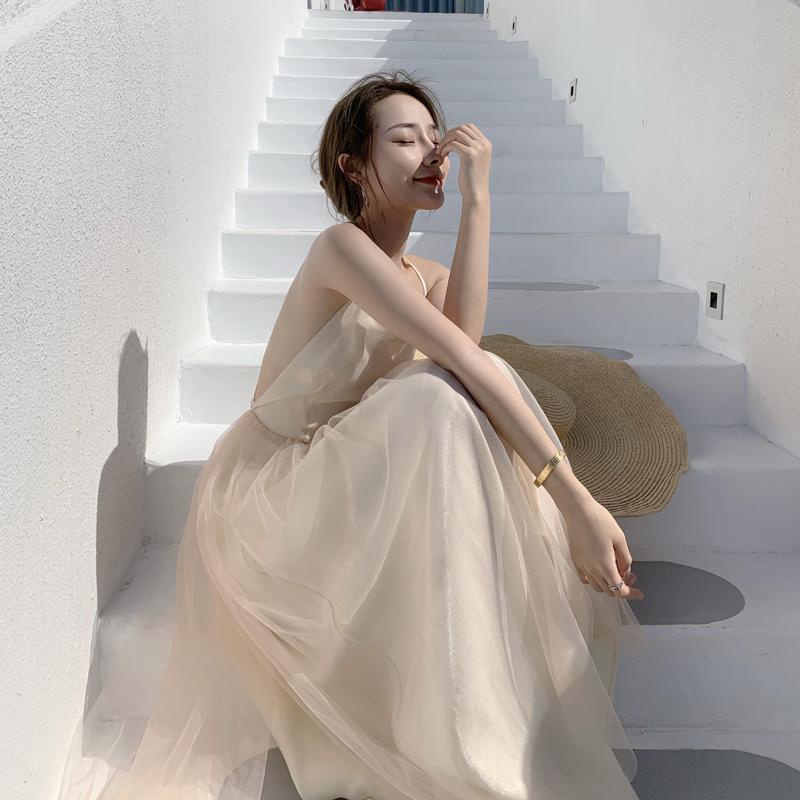 Đầm Hai Dây Ôm Eo Hở Lưng Phối Lưới Thời Trang Đi Biển/Du Lịch Dành Cho Nữ