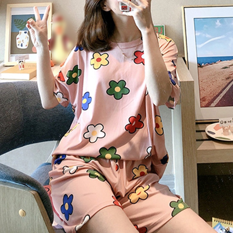 Bộ Đồ Ngủ 2 Món Áo Tay Ngắn Phối Quần Short In Hoa Dễ Thương Thời Trang Mùa Hè Cho Học Sinh
