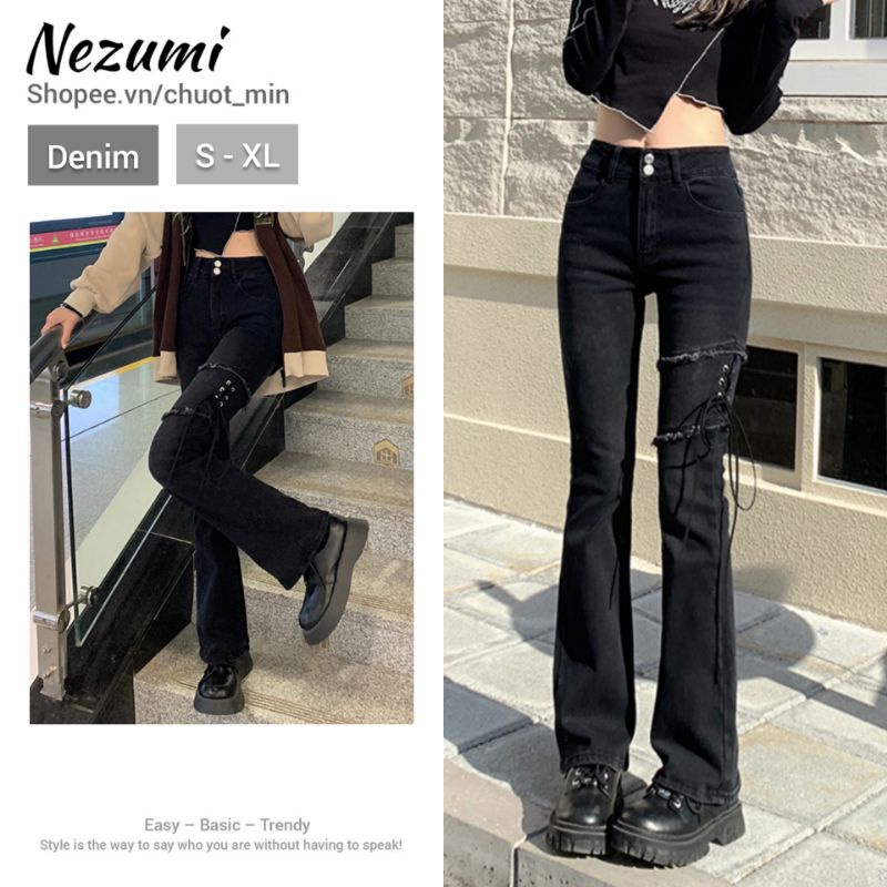 (Sẵn đen M) Quần bò jeans cạp cao bó thon dài chân ống loe xẻ gấu trước cá tính họa tiết dây đan đùi sexy quyến rũ