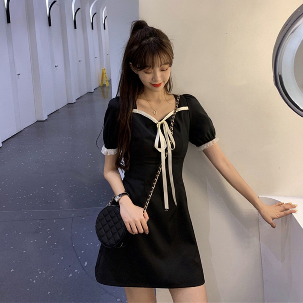 Đầm nữ , đầm váy nữ đẹp dáng chữ A  mẫu váy tay bồng viền trắng cổ dây buộc nơ dài siêu tôn dáng ATILA.SHOP | BigBuy360 - bigbuy360.vn