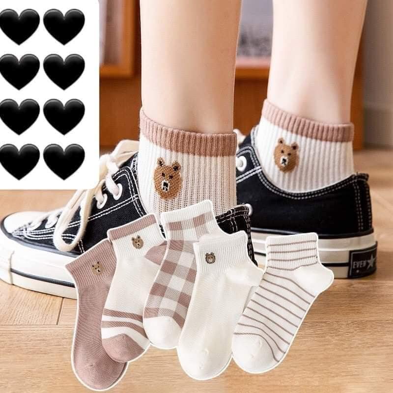 SET 5 ĐÔI TẤT KẺ PHỐI MÀU CỔ NGẮN PHONG CÁCH HÀN QUỐC SIÊU ĐẸP
