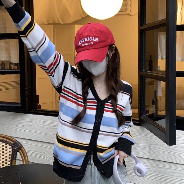 【ZHELIHANGFEI】Áo Cardigan Dệt Kim Dáng Rộng Kẻ Sọc Cầu Vồng Phong Cách Thời Trang Mỹ