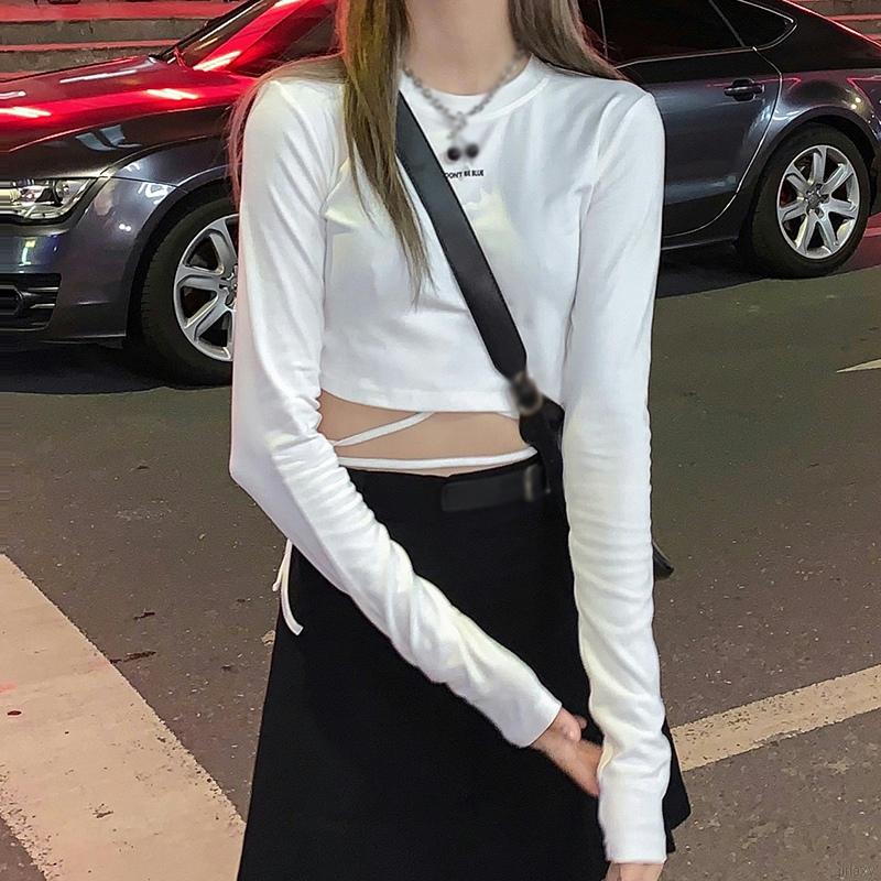 Áo thun croptop tay dài cổ tròn màu sắc đơn giản phong cách Hàn Quốc cho nữ