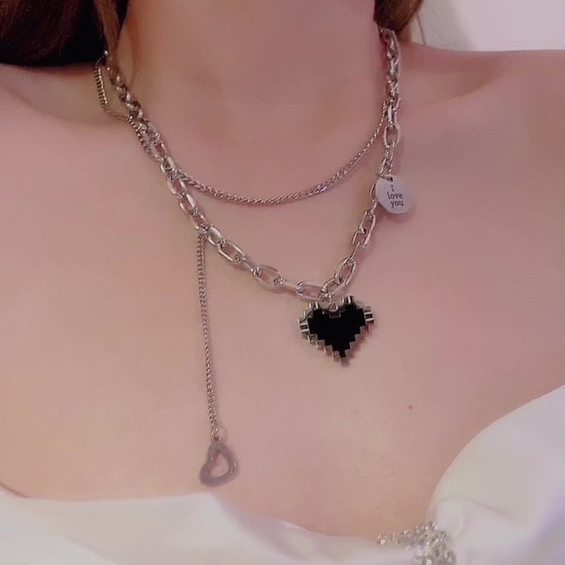 Vòng cổ hai lớp, dây chuyền Hàn Quốc chất liệu titan mặt hình trái tim màu đen phong cách cá tính dành cho nữ