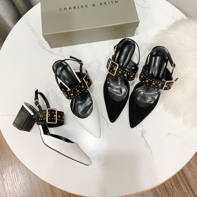 Sandal cnk mũi nhọn quai bản to viền đinh gót trụ xuất dư fullbox