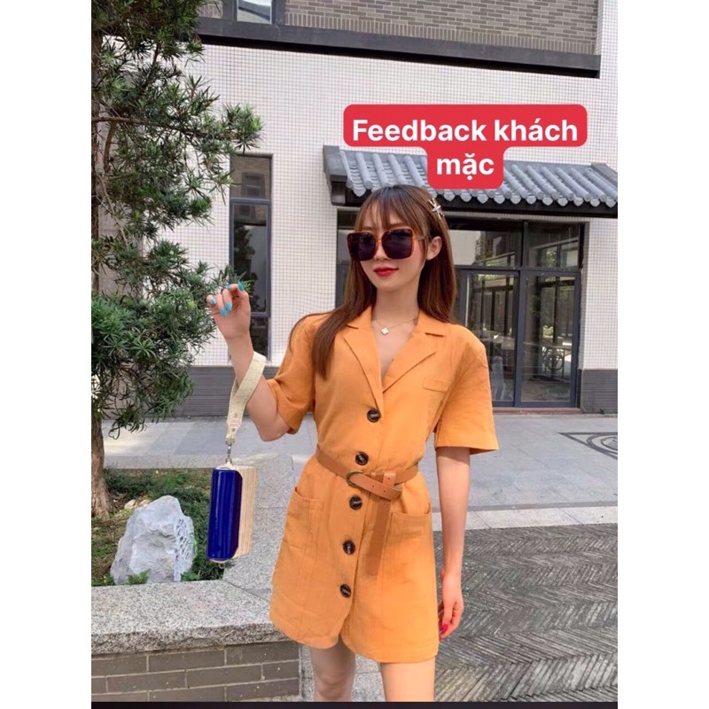 Đầm đũi cổ vest Quảng Châu kèm belt - Đầm cổ vest màu cam chất mát mặc hè