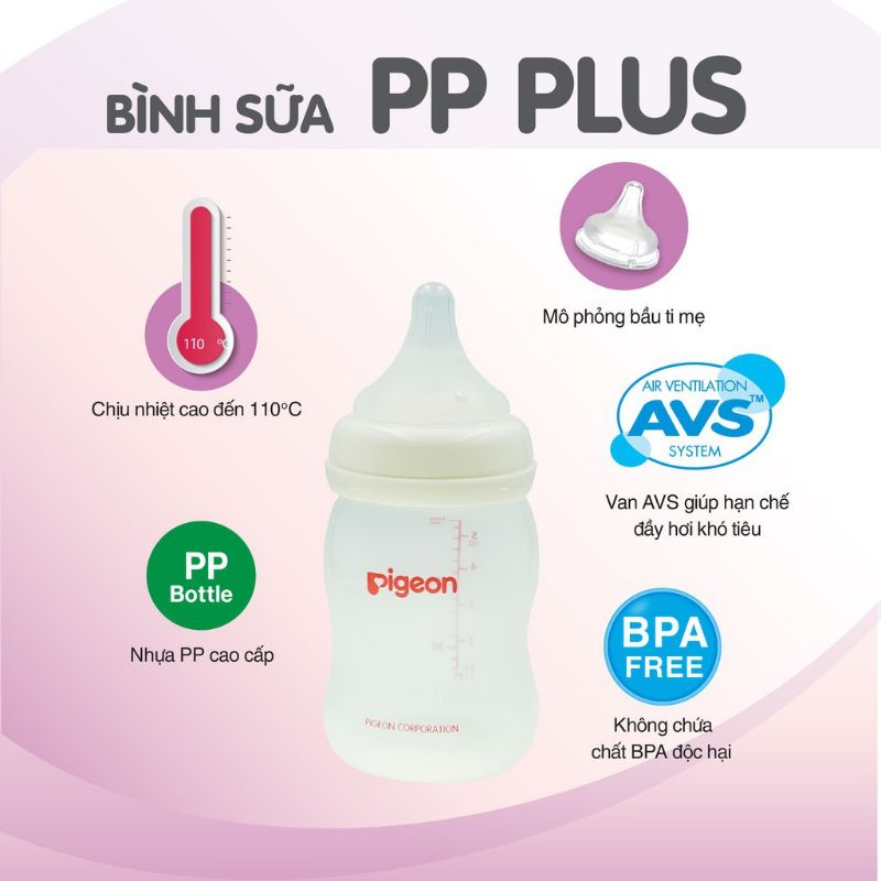 {CHÍNH HÃNG} - Bình sữa cổ rộng PP Plus Pigeon 160ml/ 240ml/ 330ml