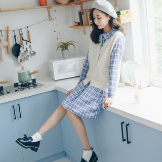 Set váy kẻ xanh gile trắng