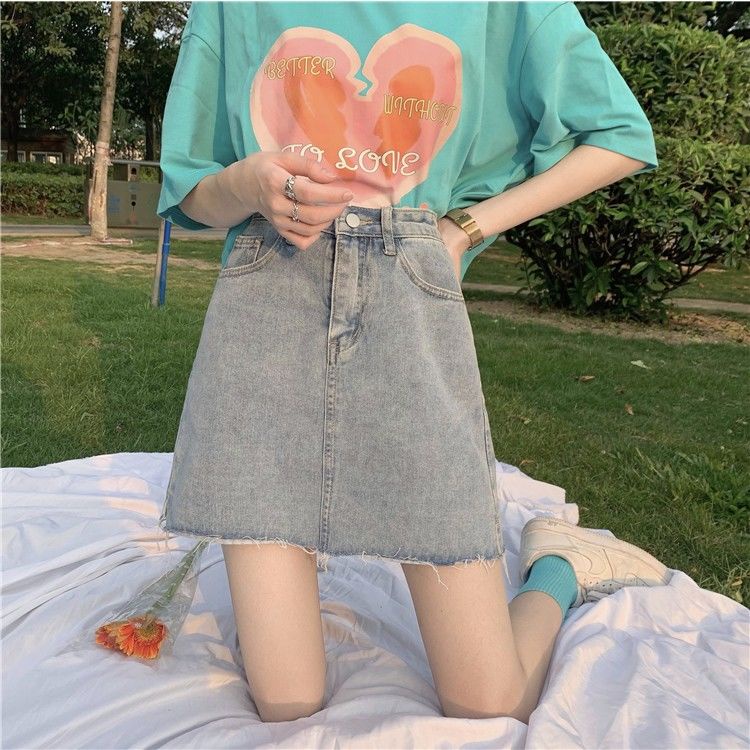 Chân váy jean Chữ A Lưng Cao Phong Cách Hàn Quốc