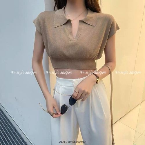 Áo len croptop dệt kim cổ Polo bo eo tay ngắn chất mịn màu thu đông phong cách hàn quốc VM STYLE 22ALU03G10901