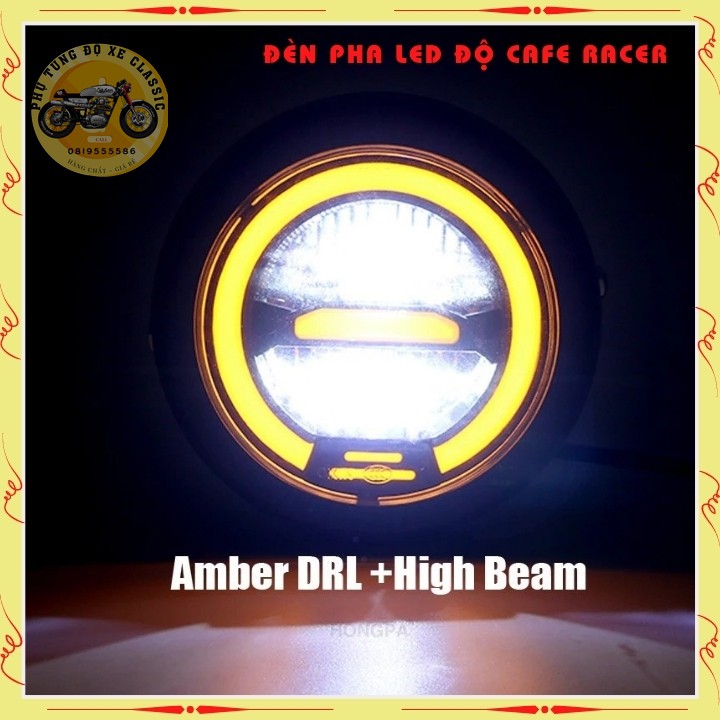 Đèn pha led cao cấp , đèn led pha độ xe máy CAFE RACER gáo sắt sơn đen mặt kính trong suốt
