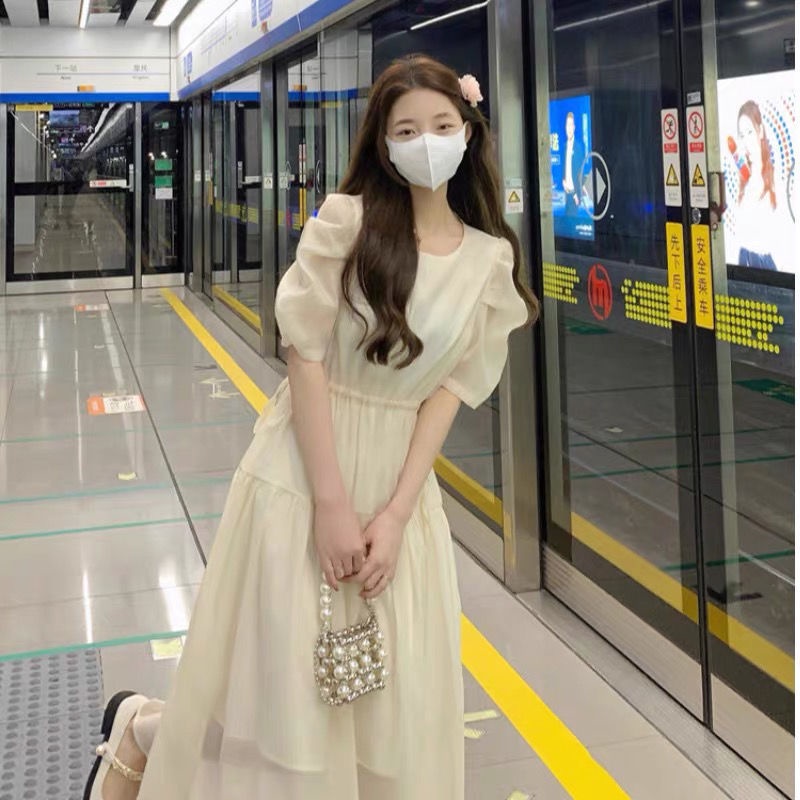 Đầm IELGY ngắn tay chiết eo màu xanh dương/ mơ phong cách Pháp ngọt ngào cho nữ